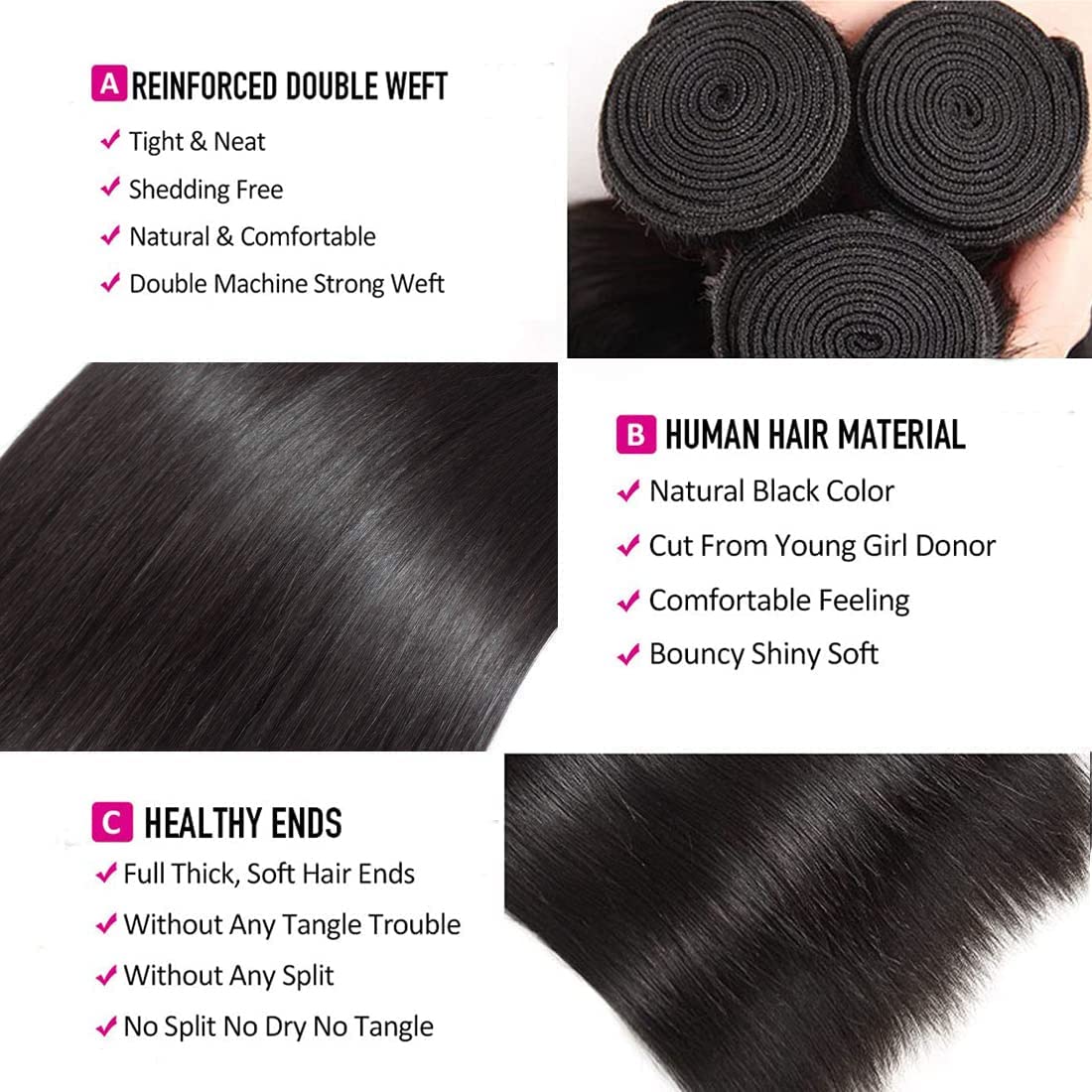 TNICE straight bundles 16 inch close-up of smooth Remy hair fibers
