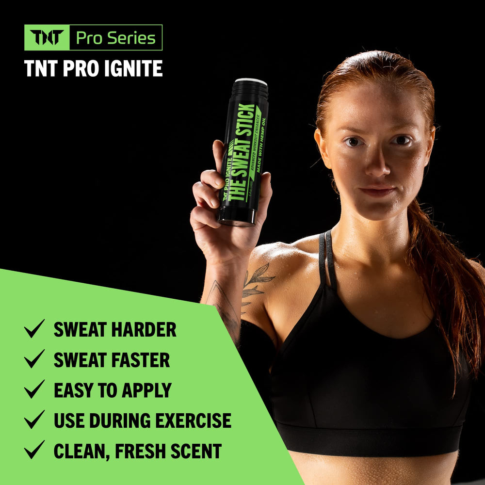 TNT Pro Ignite Sweat Cream Stick travel-friendly packaging fits gym bag.