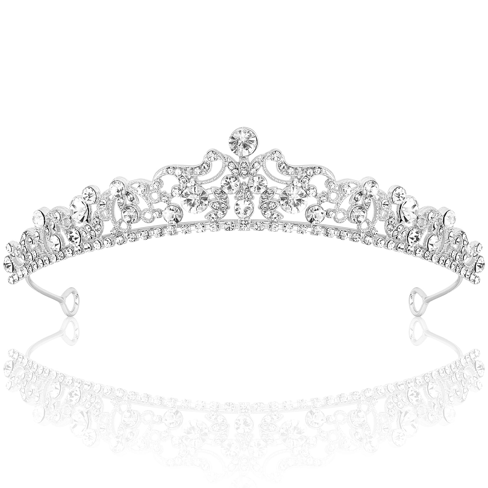 TOBATOBA silver tiara front view crystal detail boosts bridal sparkle for photos.