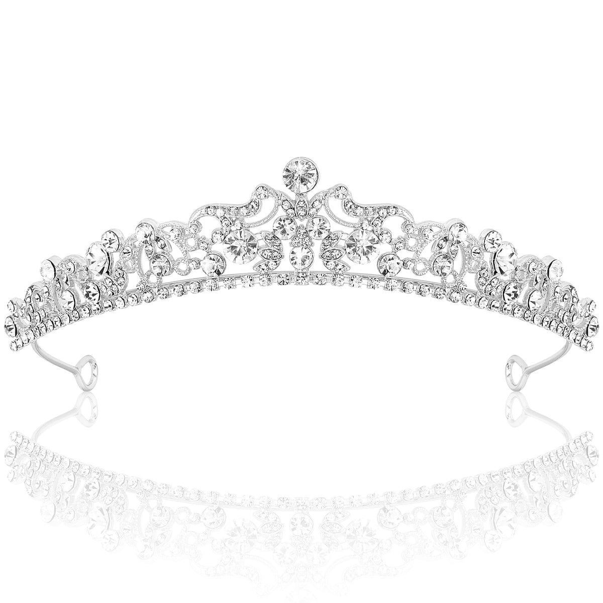 TOBATOBA silver tiara front view crystal detail boosts bridal sparkle for photos.