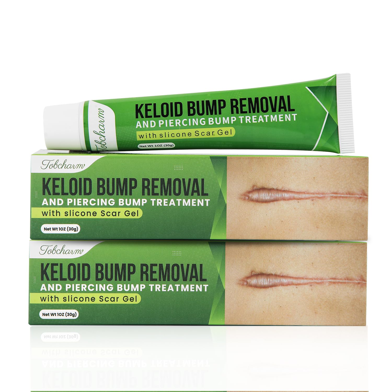 Tobcharm Advanced Keloid Scar Care Gel packaging displays the 2-pack for daily scar care.