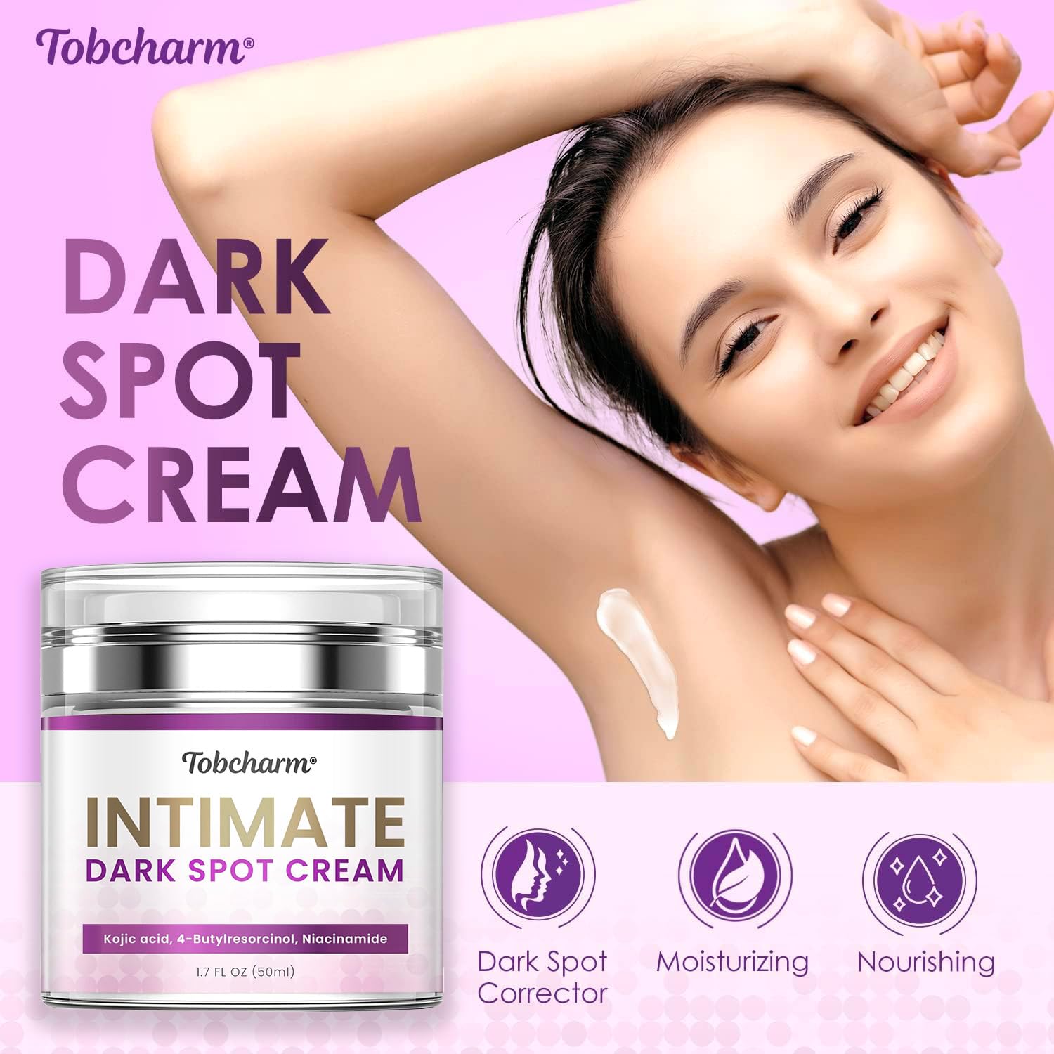 Tobcharm dark spot corrector inner thigh helps reduce discoloration and smooth skin.