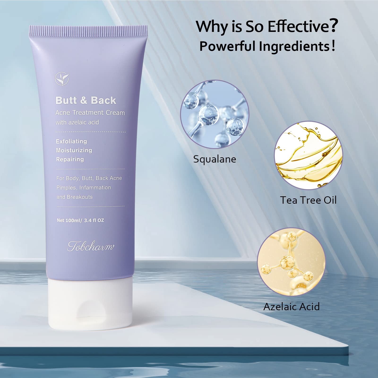 Tobcharm travel-size cleanser bottle supports bacne cleansing on the go.