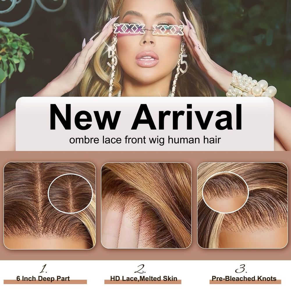 Tobeallo honey-blonde ombre highlight wig showcases vivid color transition.