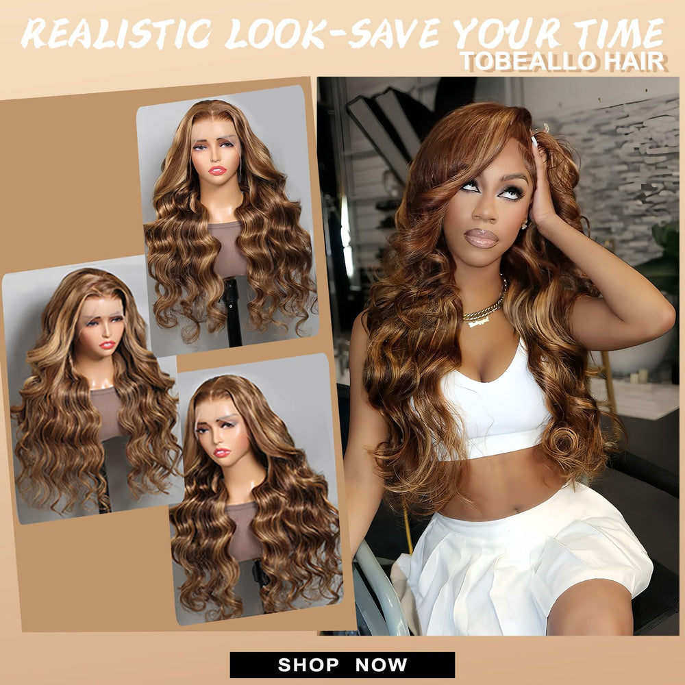 Tobeallo honey-blonde wig pre-plucked hairline offers natural baby hairs.