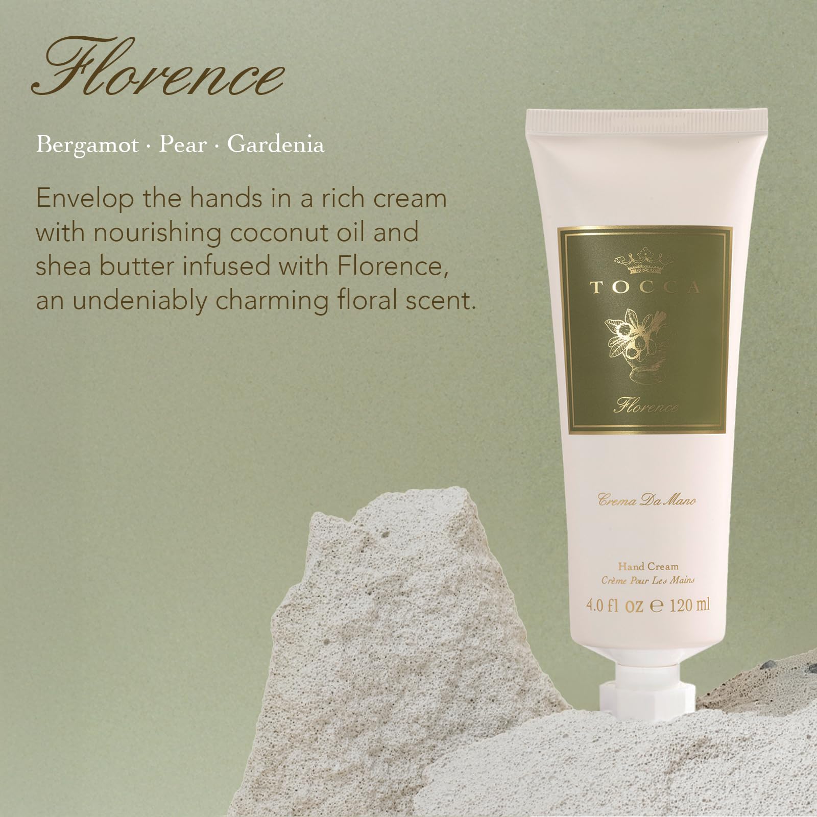 Applying Tocca Florence Hand Cream to illustrate non-greasy, fast hydration.