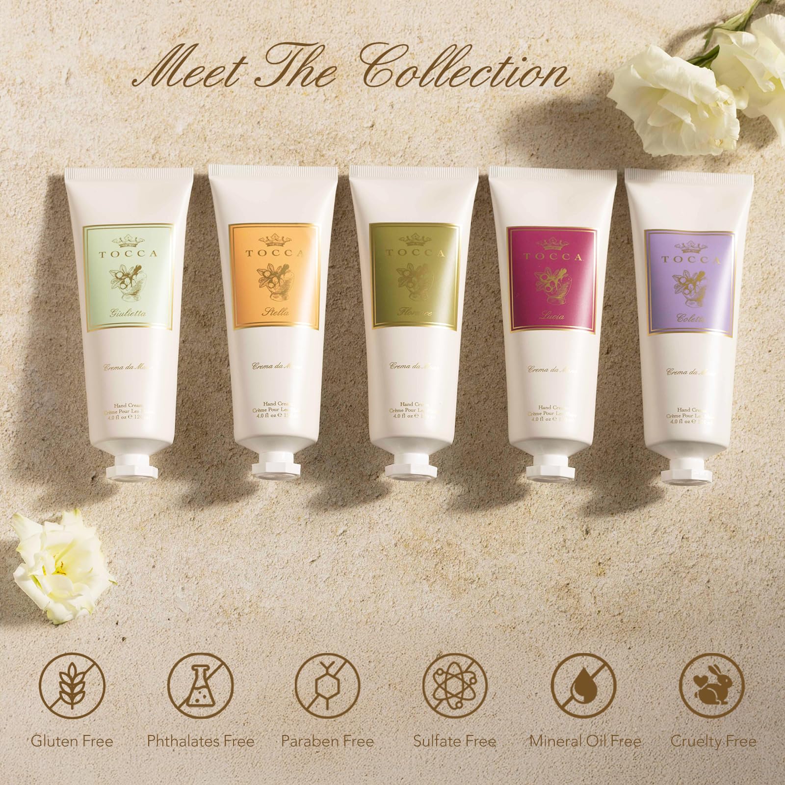 Elegant Tocca Florence Hand Cream packaging suggesting a premium self-care ritual.