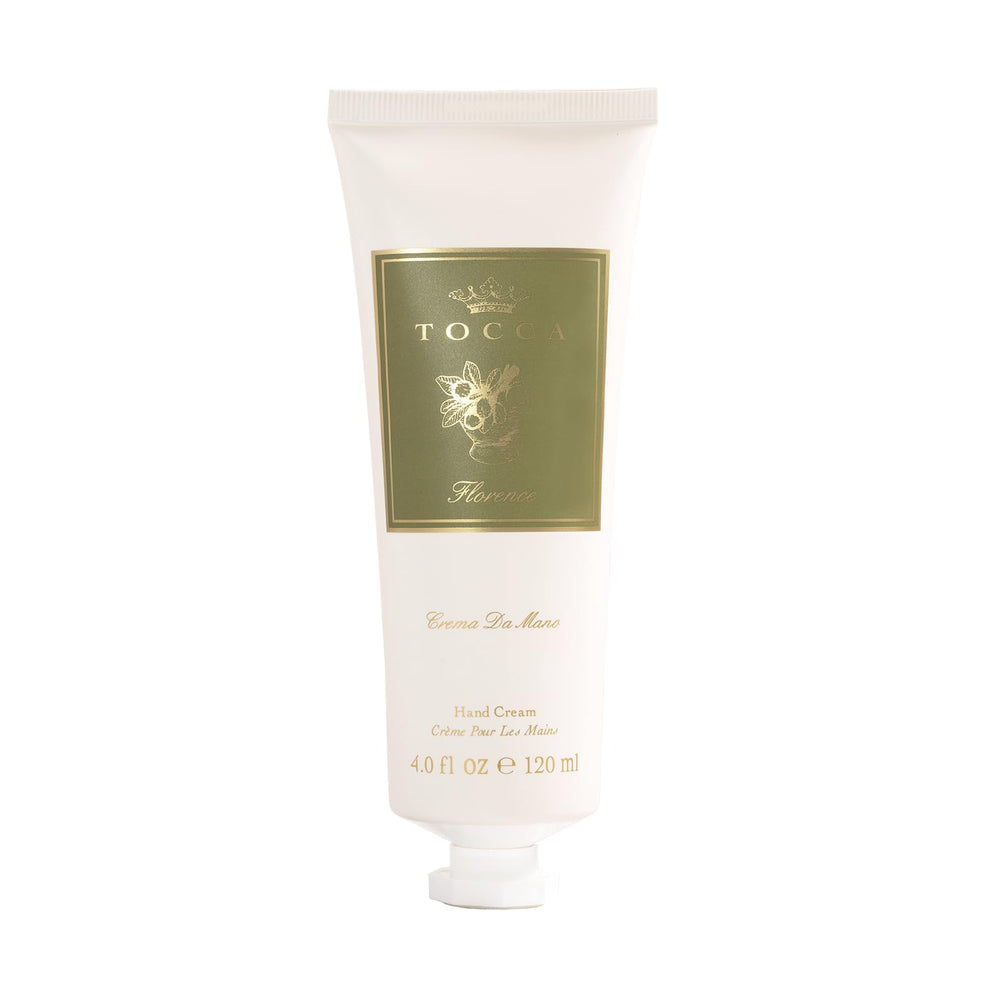 Tocca Florence Hand Cream on a vanity, signaling everyday luxury and self-care.