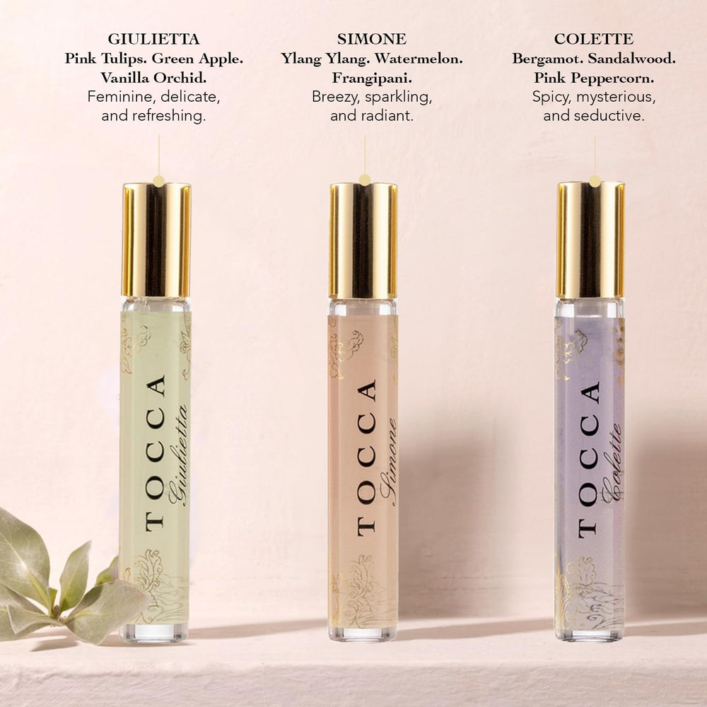 Tocca Simone travel spray tropical florals for vacation vibes.