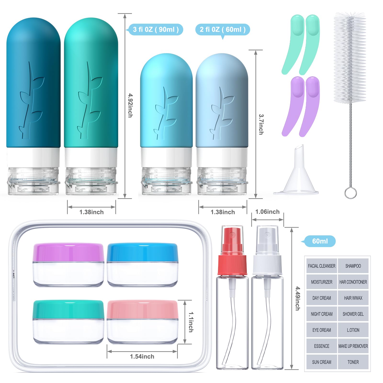 Tocelffe 2oz silicone bottles ideal for compact toiletries on the go.