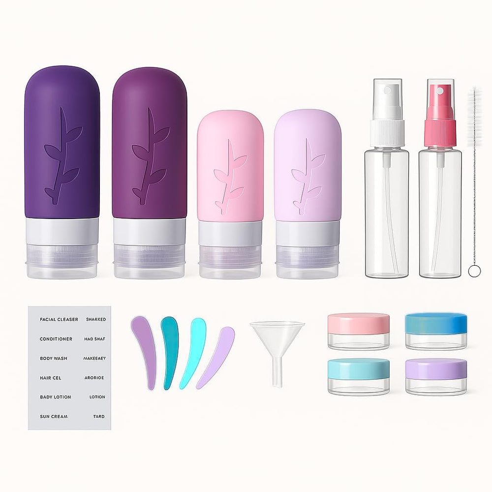 Tocelffe 3oz silicone bottles shown for compact, TSA-friendly packing of liquids.