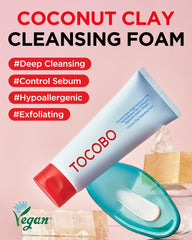 TOCOBO Coconut Clay Cleansing Foam bottle pour illustrating convenient daily lather for quick cleansing