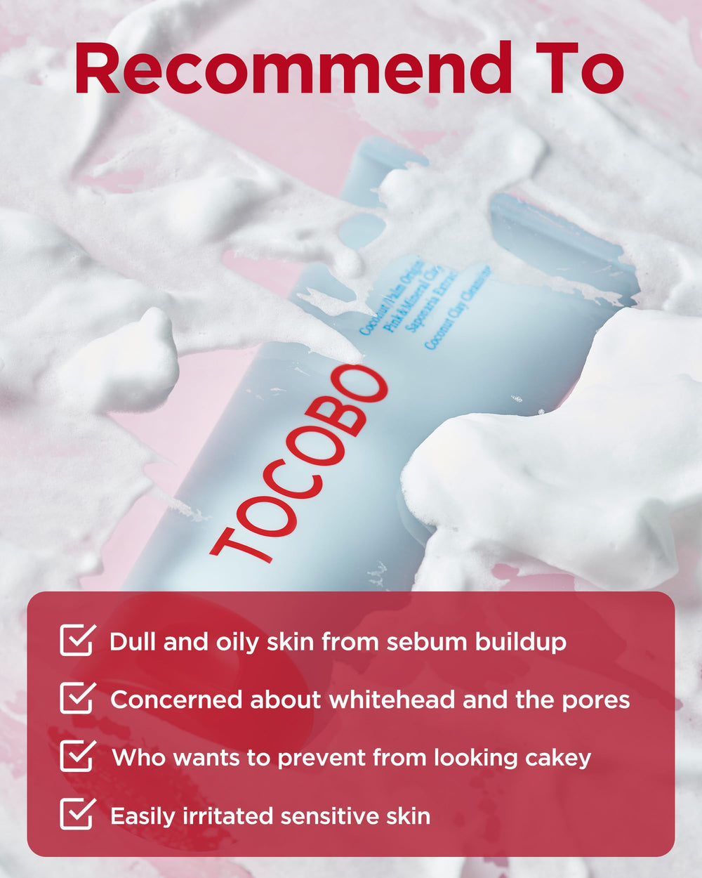 TOCOBO Coconut Clay Cleansing Foam in-use image focusing on T-zone massage for balanced skin