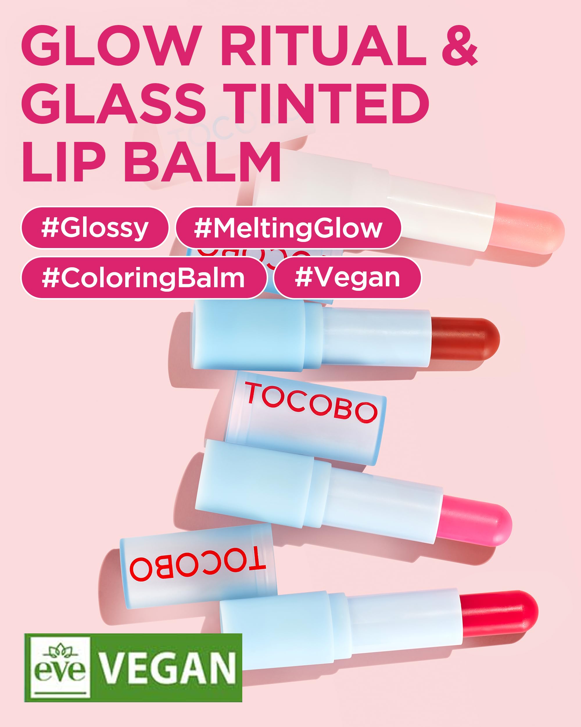 TOCOBO glass-tinted lip balm tube open reveals cherry shade for moisturizing application.