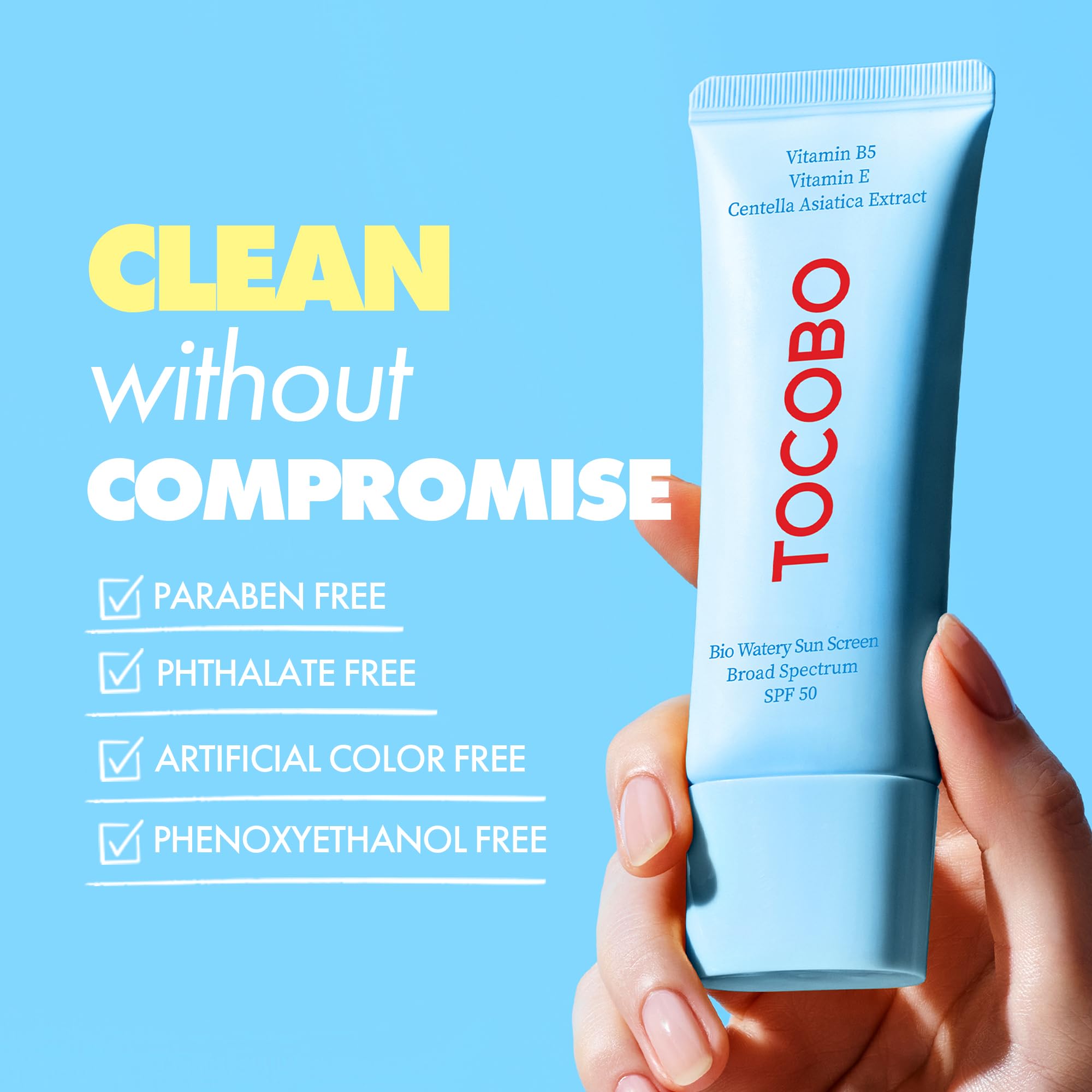 TOCOBO US Bio Watery Sunscreen hyaluronic-acid-tremella emphasizes hydration support.