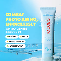 TOCOBO US Bio Watery Sunscreen packaging reveals vegan, fragrance-free shield.