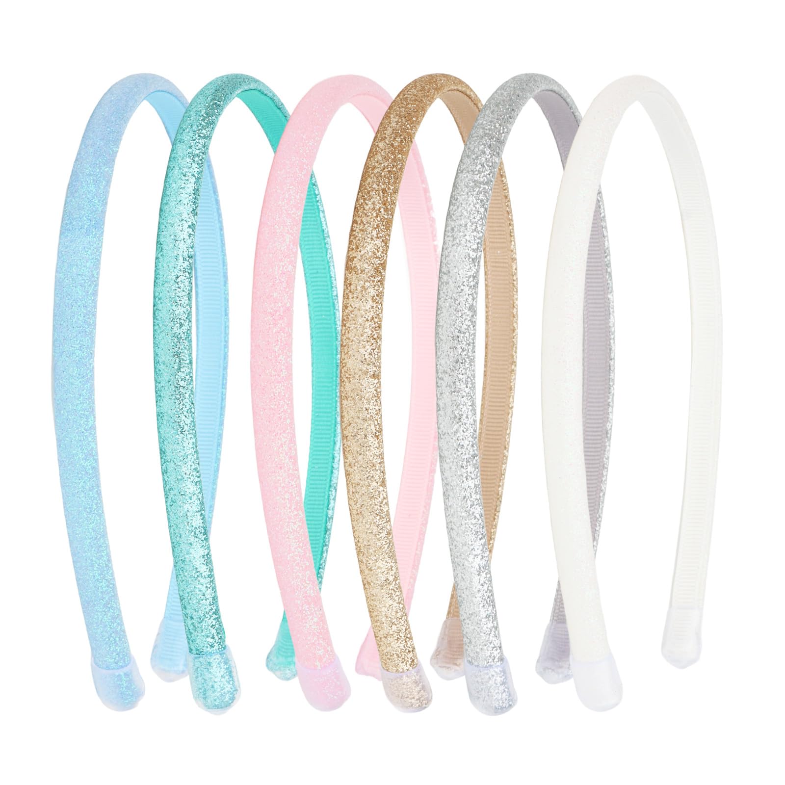 Todder thin glitter headbands six-pack close-up shows sparkling elastic bands for daily wear