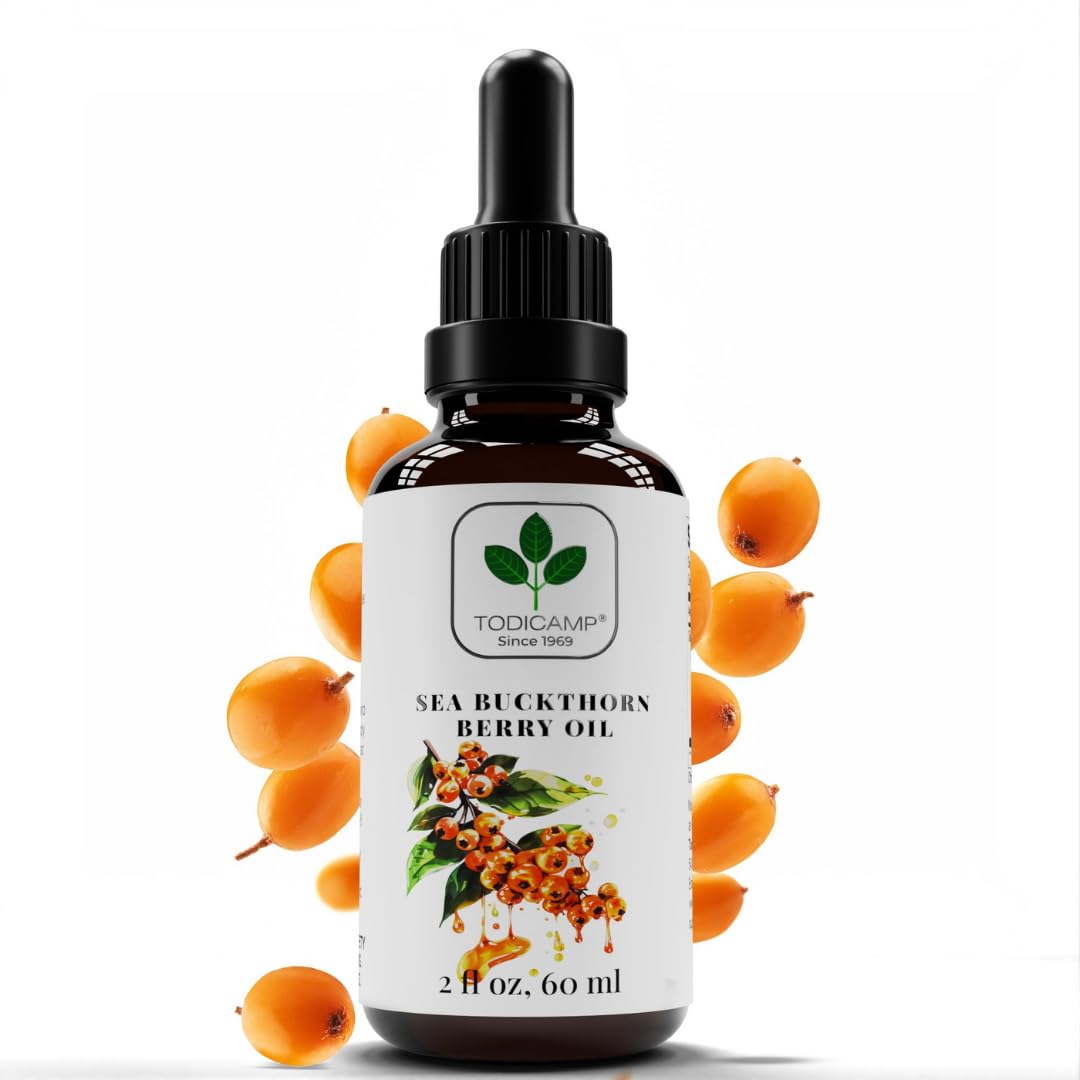 TODICAMP Sea Buckthorn Oil bottle — pure cold-pressed formula for skin hydration.