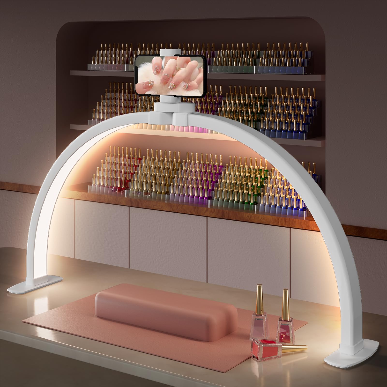TOELOVE 29 inch half moon light front view enhances nail desk visibility for precise work