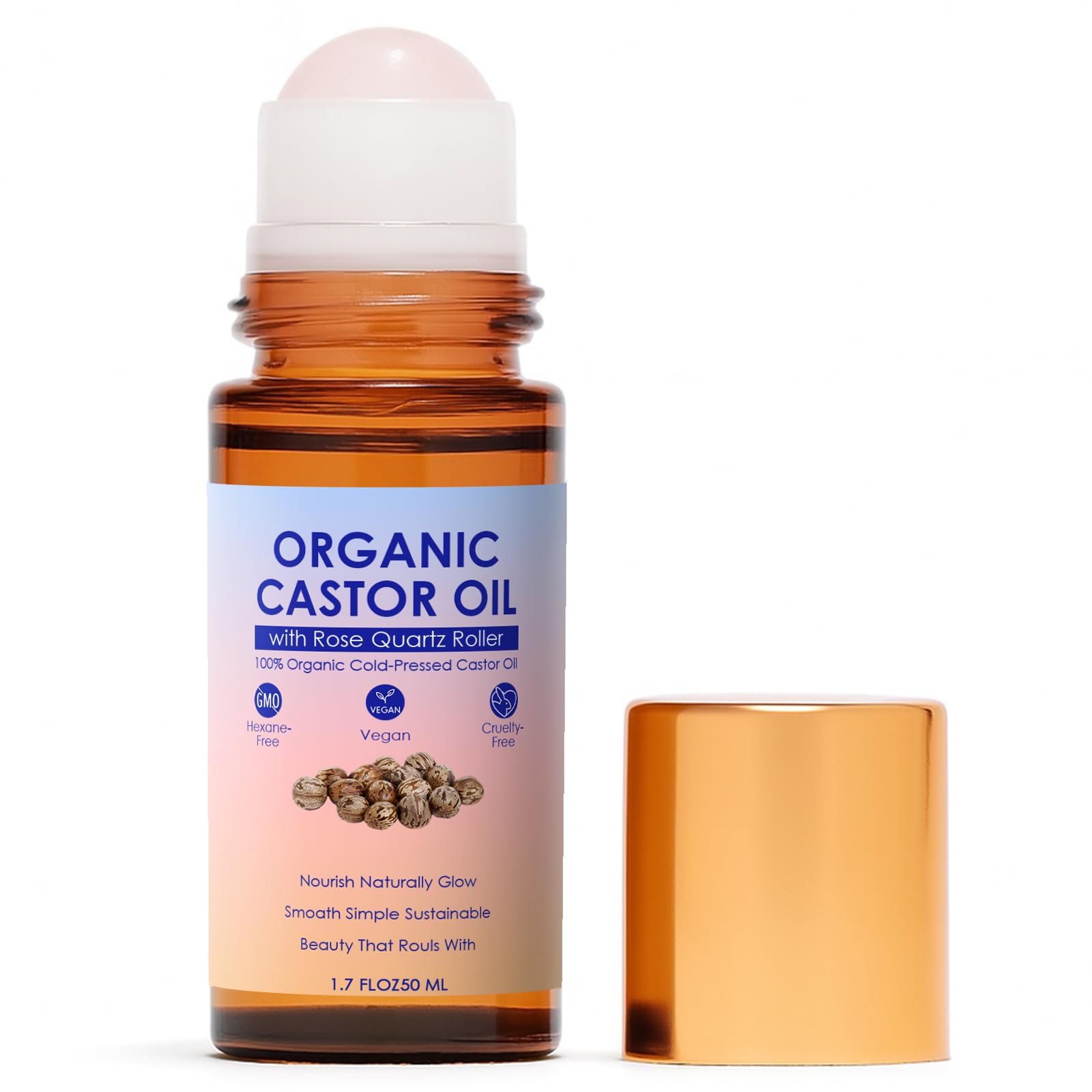 TOGOLIUN castor oil roll-on bottle with rose quartz promotes deep hydration for radiant skin.