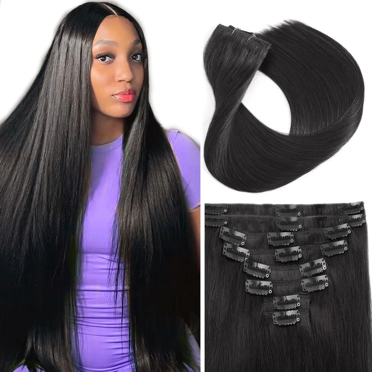 TOHASI clip-in extensions 18inch natural black close-up for seamless blend