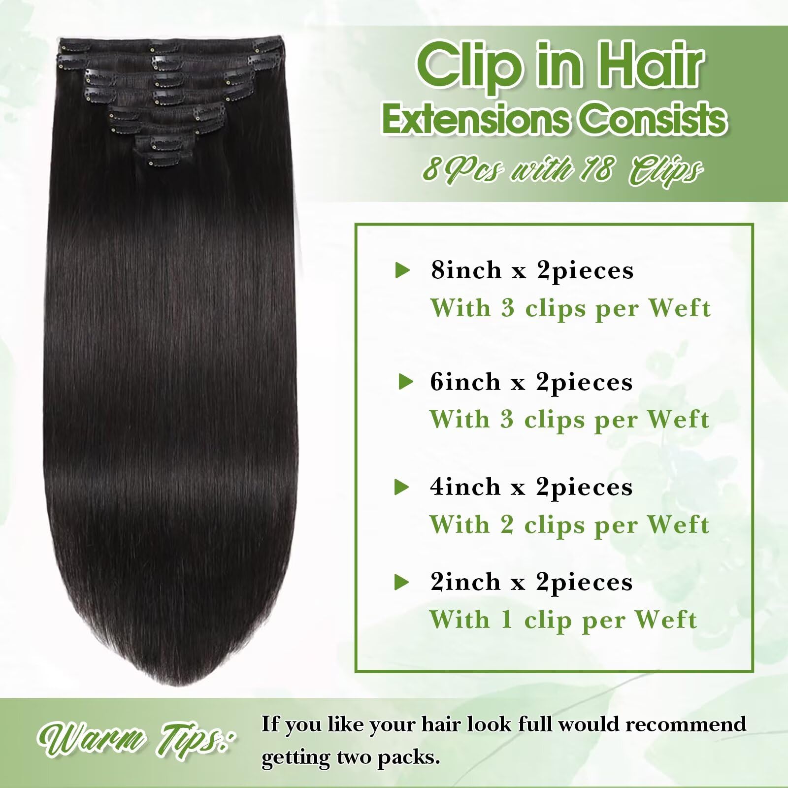 TOHASI clip-in extensions 8-pieces with extra clips secure easy application