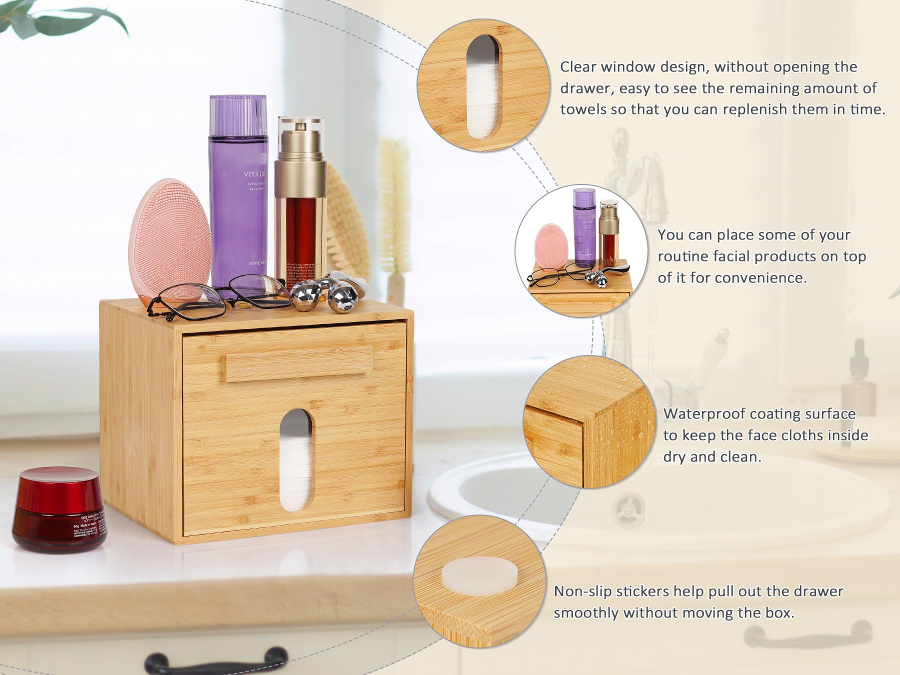 Tohiasen clean-towel-xl-organizer-bathroom neatly fits on a vanity for space-saving organization.