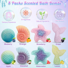 Toidgy Mermaid bath bombs collection laid out with eight scents for kids' bath time.