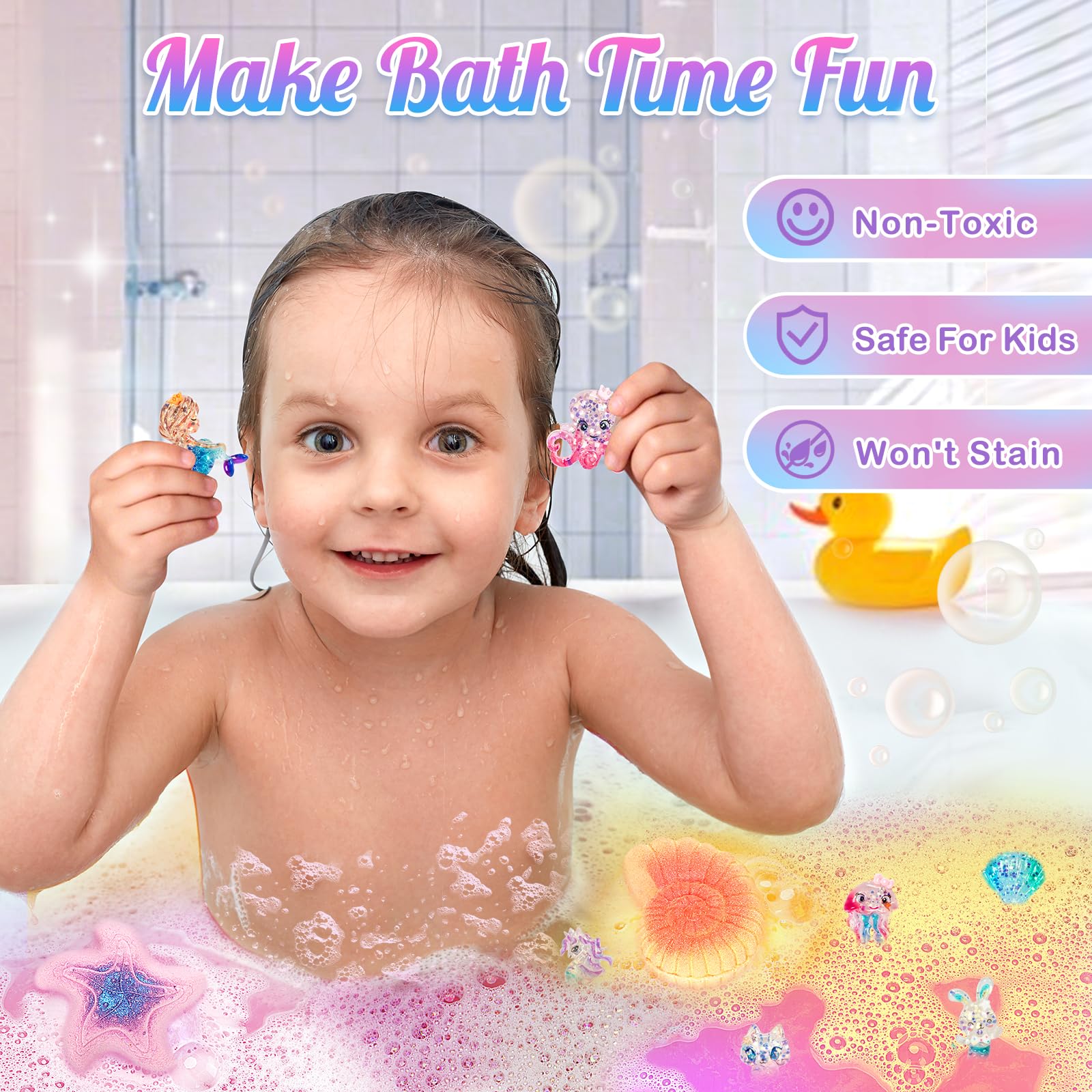 Toidgy Mermaid bath bombs reveal a mermaid toy inside after fizzing.