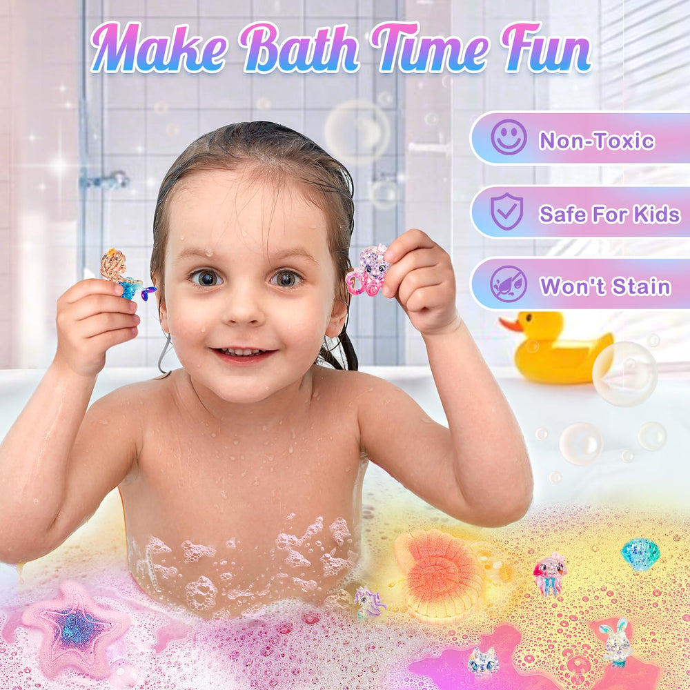 Toidgy Mermaid bath bombs reveal a mermaid toy inside after fizzing.