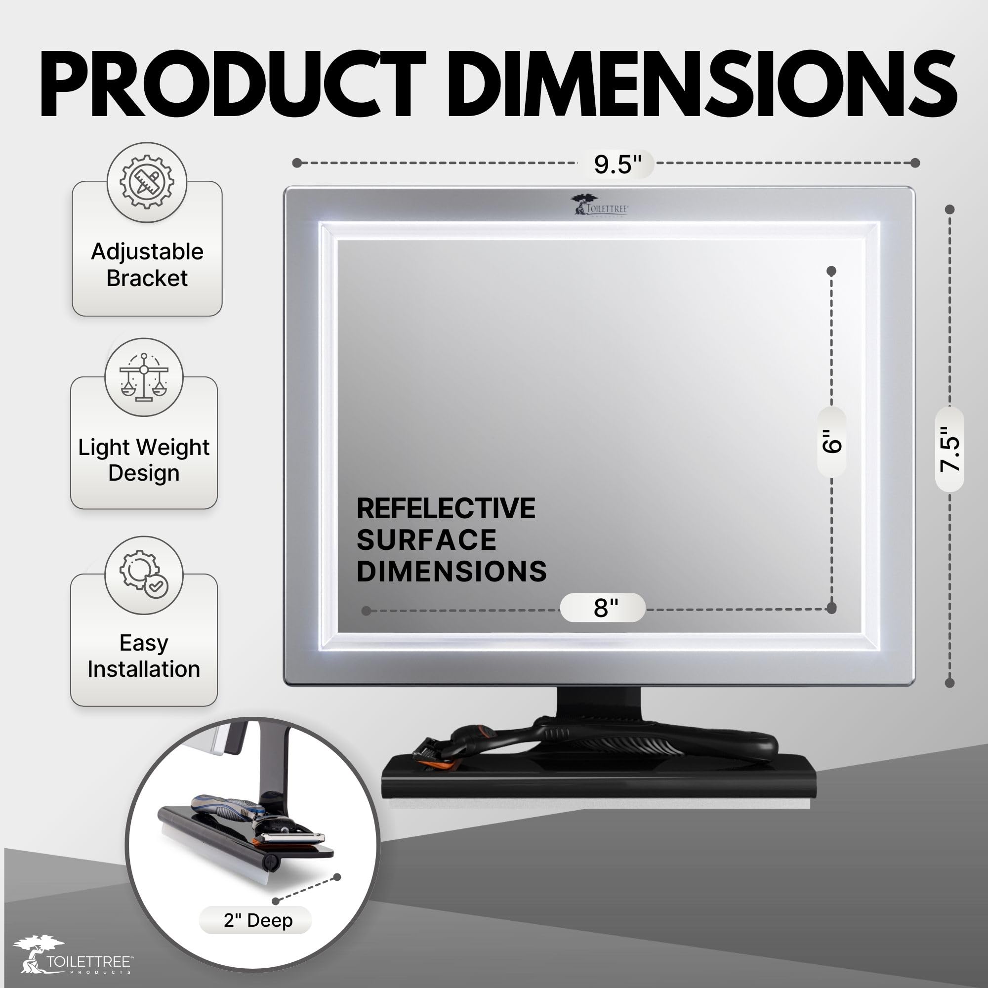 ToiletTree Deluxe LED mirror adjustable angle for comfortable viewing from any height