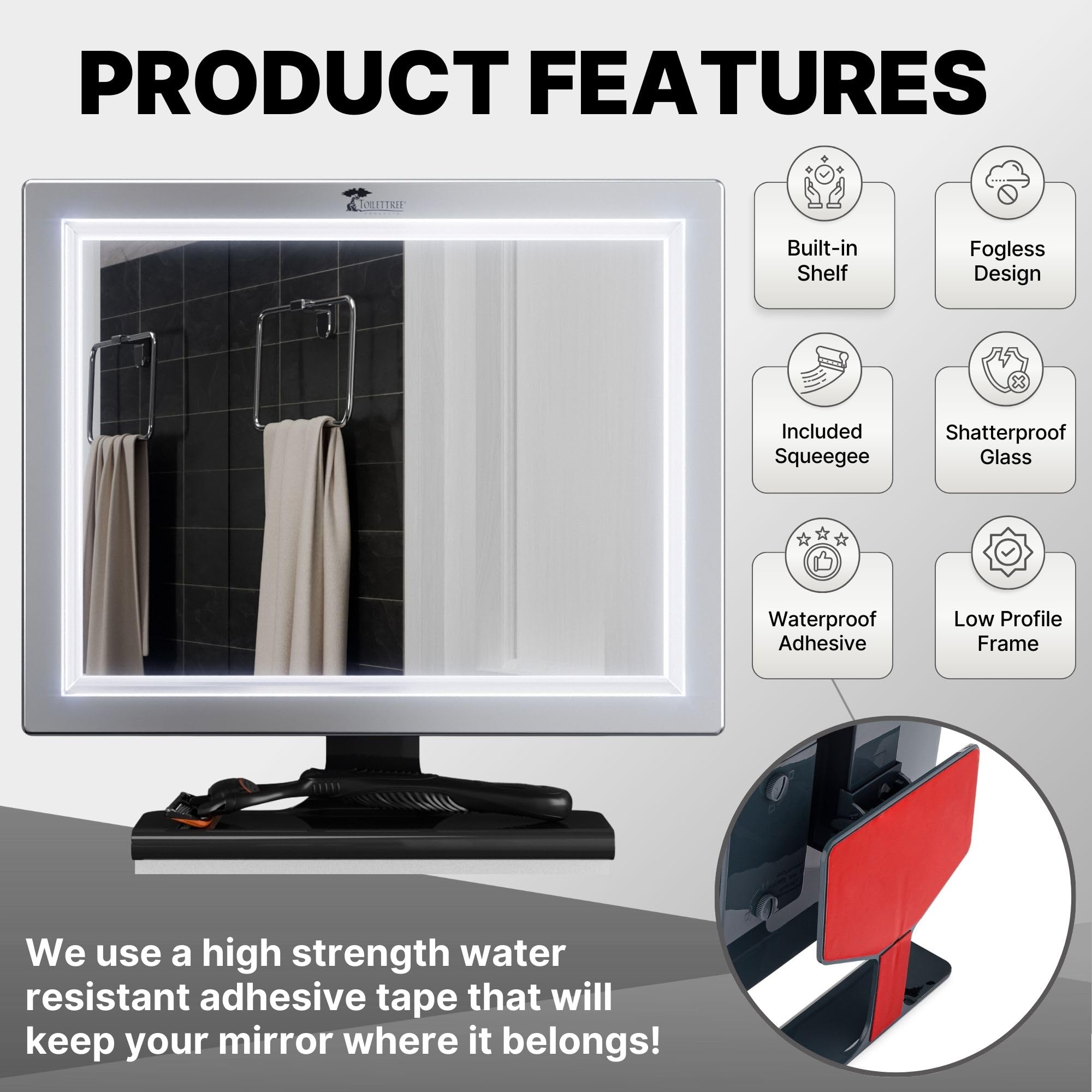 ToiletTree Deluxe LED mirror anti-fog view for shaving without steaming up