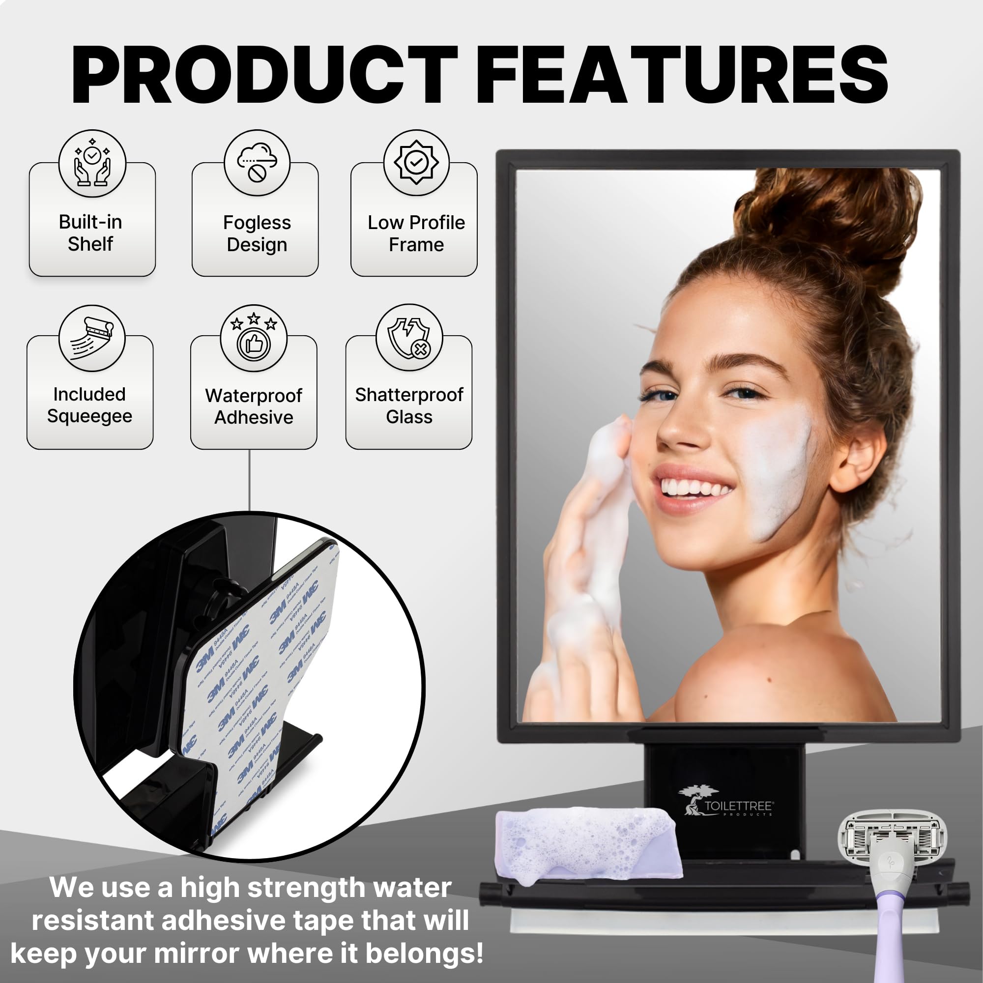 ToiletTree Fogless Shower Mirror is rust-proof for long-term bathroom use