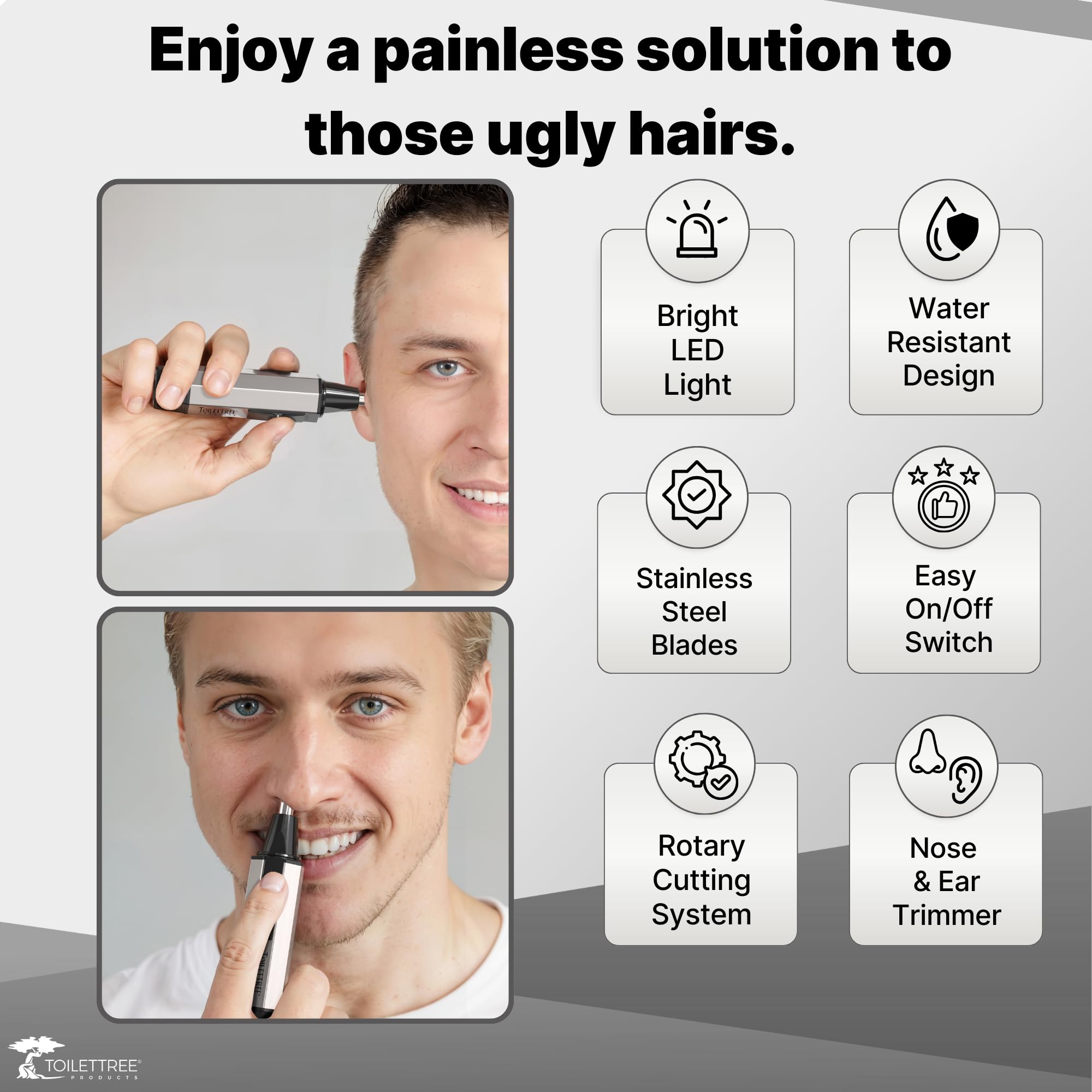 ToiletTree Nose Hair Trimmer LED light close up highlighting hard to see hairs
