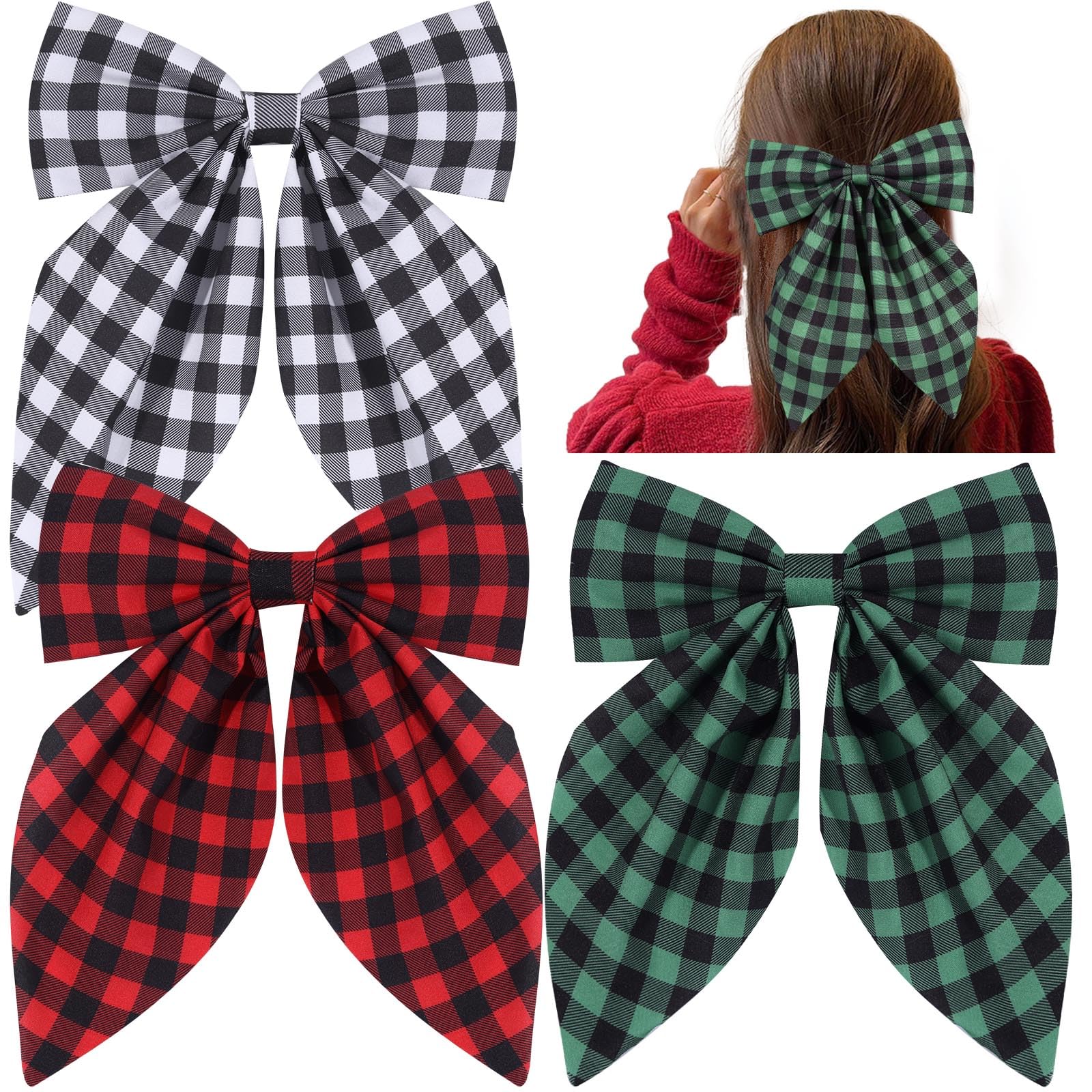 Tokufagu Christmas hair bow clip with plaid fabric for festive outfits.