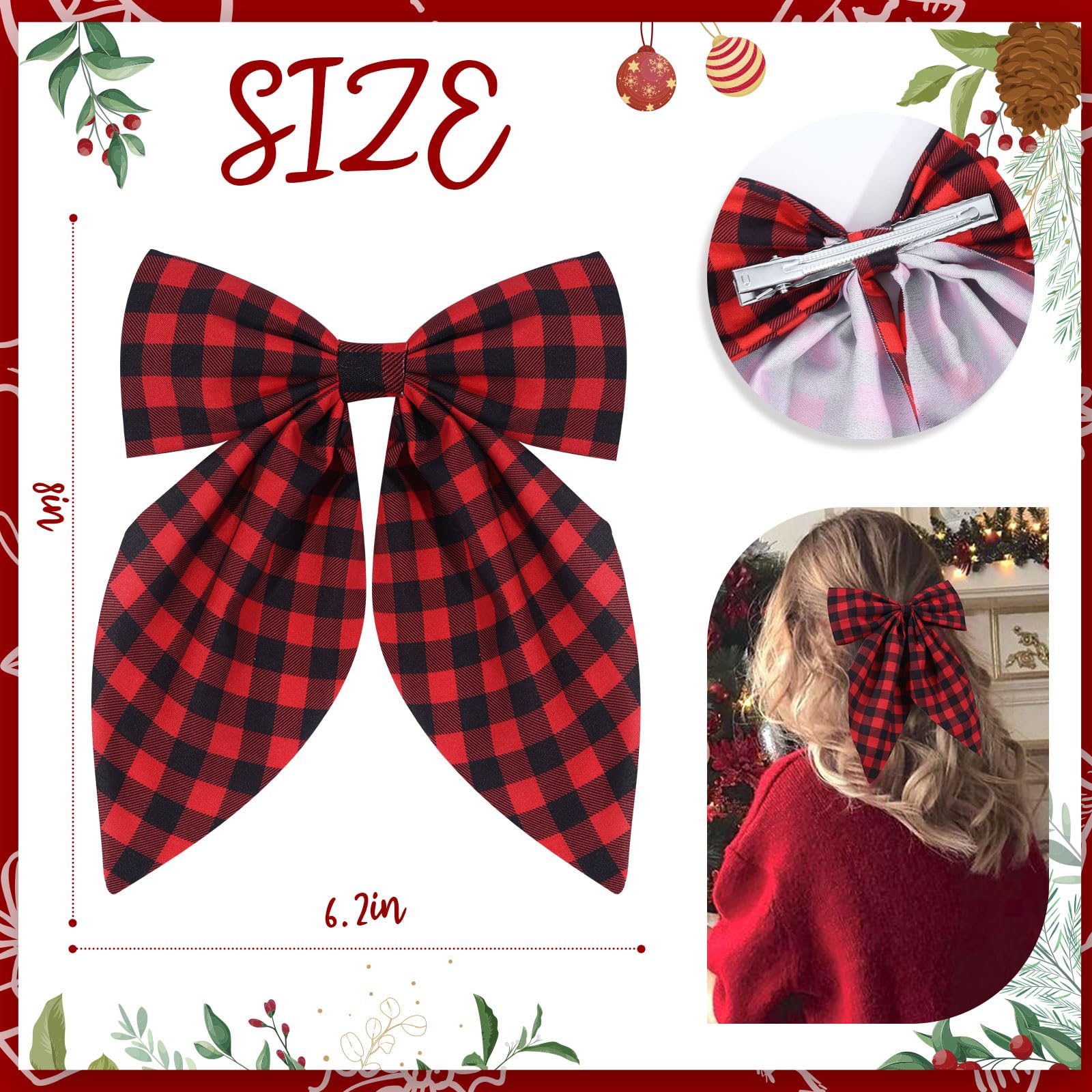 Tokufagu Christmas hair bow clip close-up showing red-green plaid design for holiday outfits.