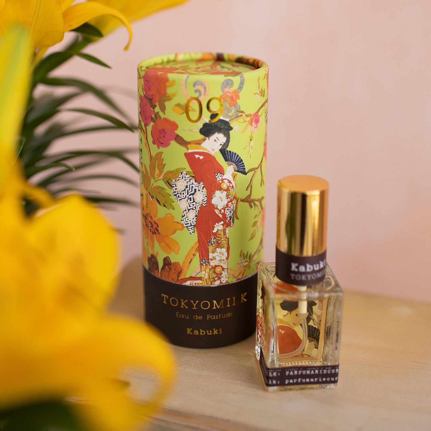TOKYOMILK Kabuki bottle art shows theater motif for refined display.