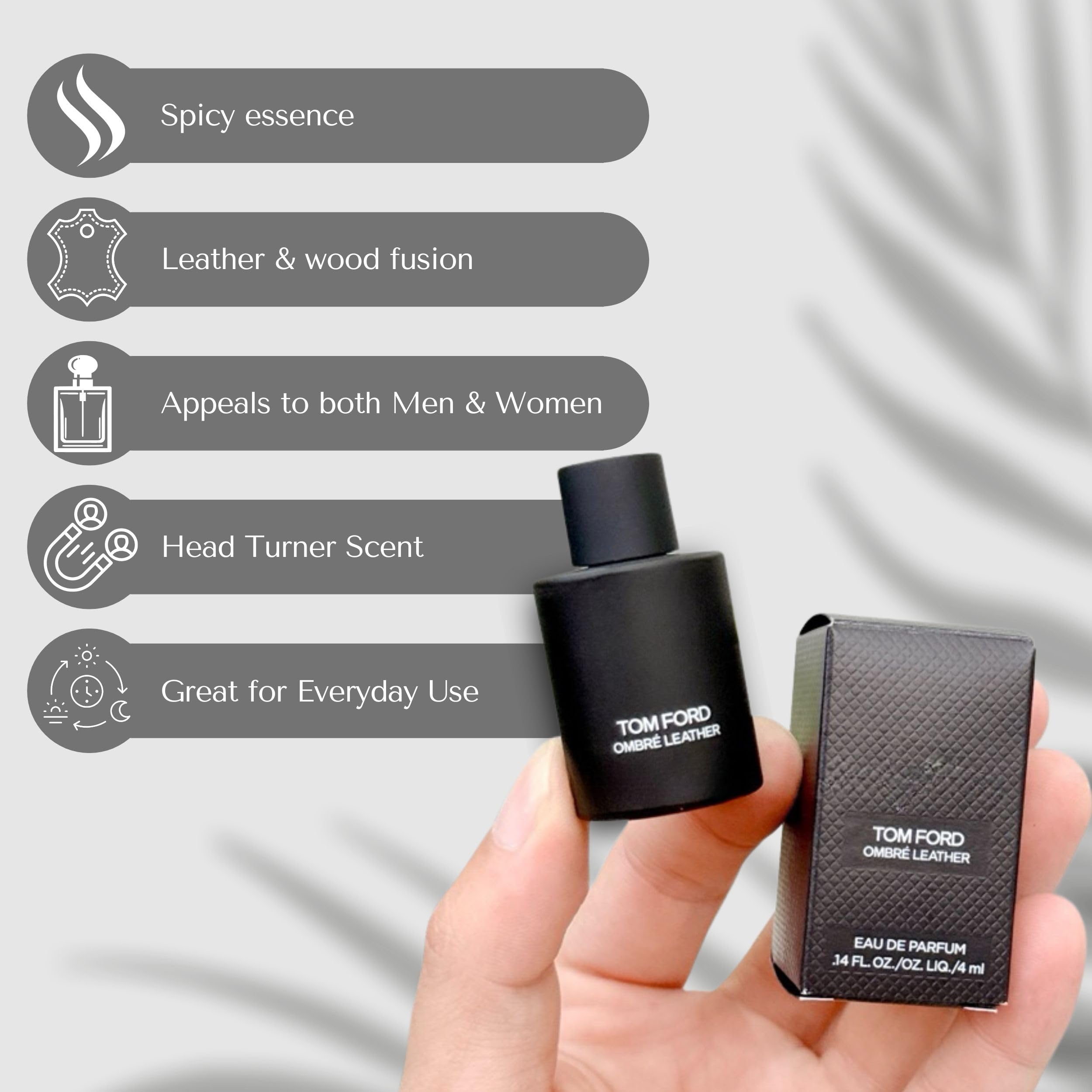 Tom Ford Ombre Leather mini bottle on vanity, a daily fragrance option.