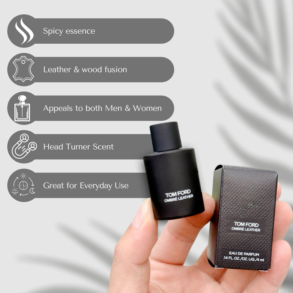 Tom Ford Ombre Leather mini bottle on vanity, a daily fragrance option.