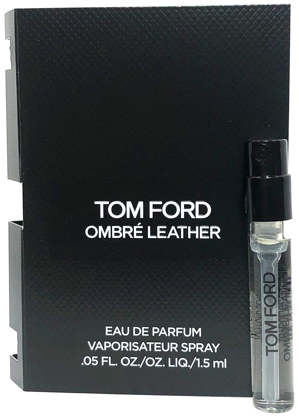 Tom Ford Ombre Leather vial closeup for travel-friendly fragrance sampling.