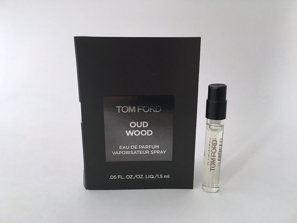 Tom Ford Oud Wood sample bottle closeup for trying scent on the go