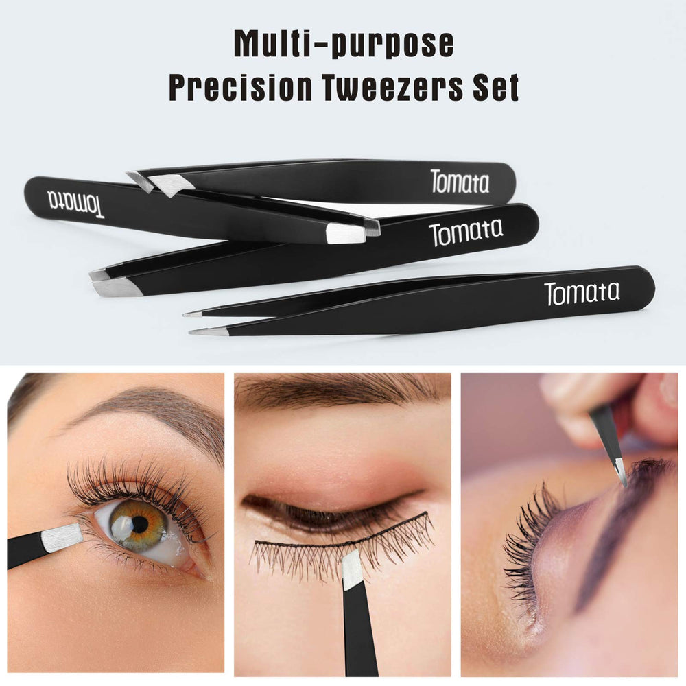 Tomata tweezers pointed tip for precise splinter removal and hair-targeting work.