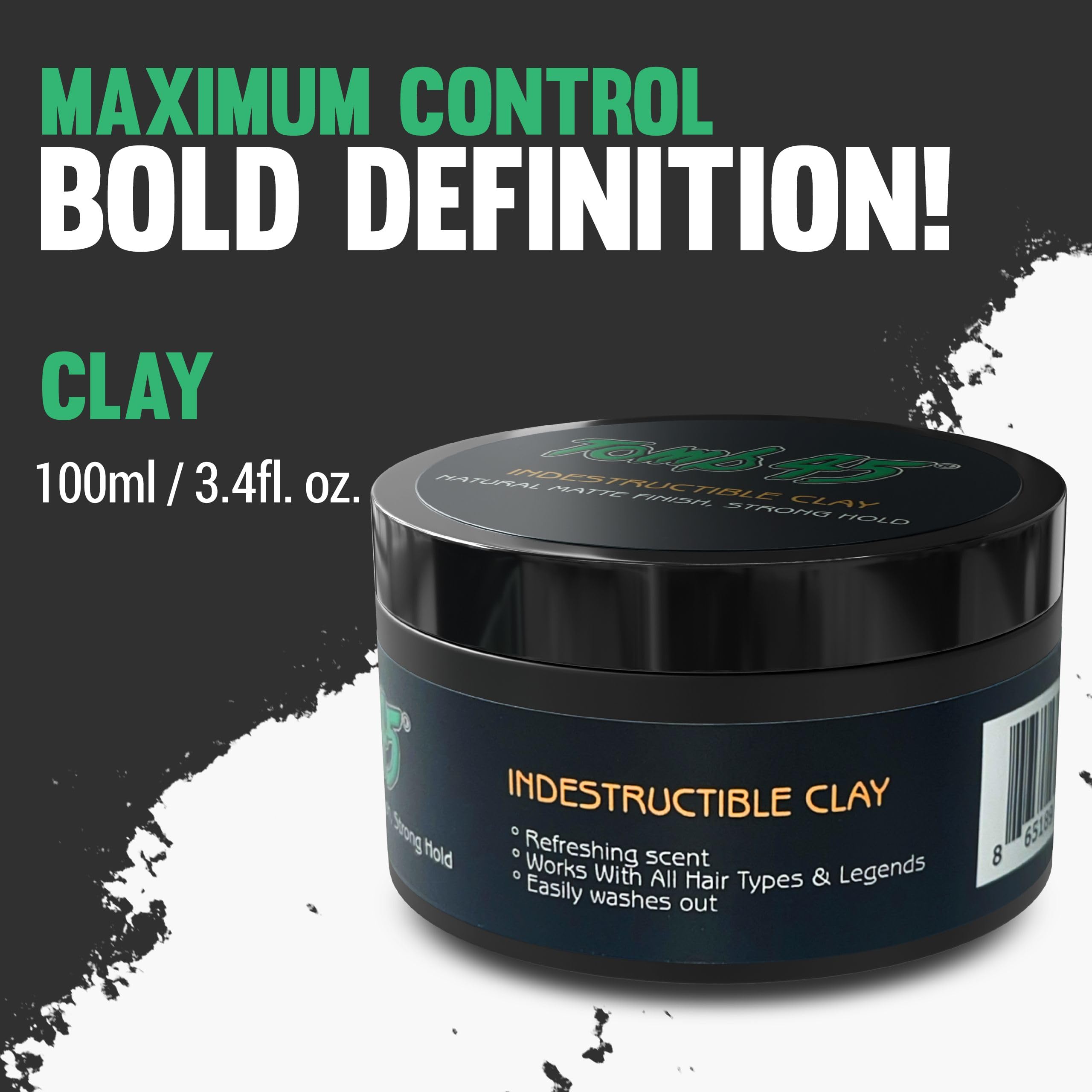 Tomb45 Indestructible Hair Clay barber studio setup suggests professional-grade results.