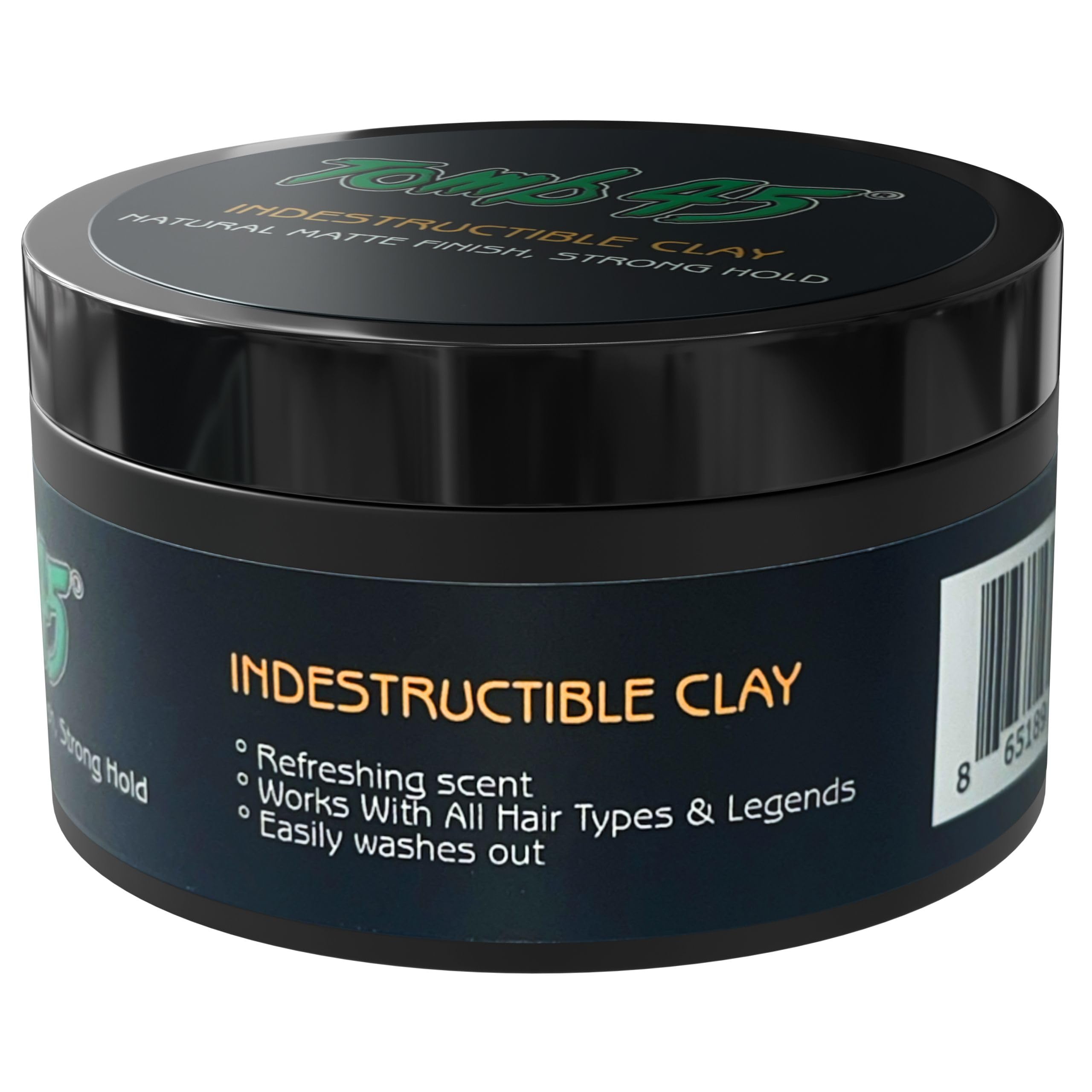 Tomb45 Indestructible Hair Clay packaging front view highlights water-based formula.