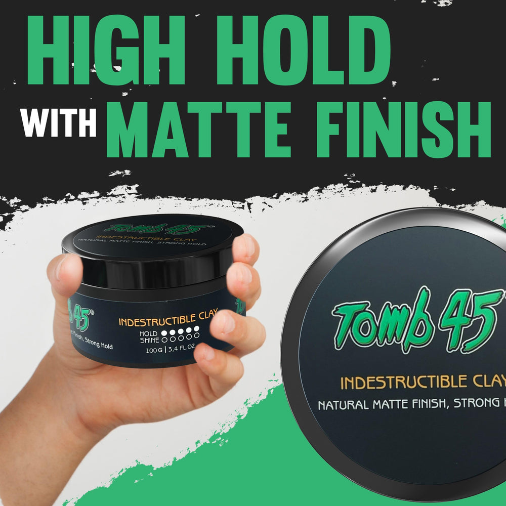 Tomb45 Indestructible Hair Clay texture close-up shows matte, pliable consistency.