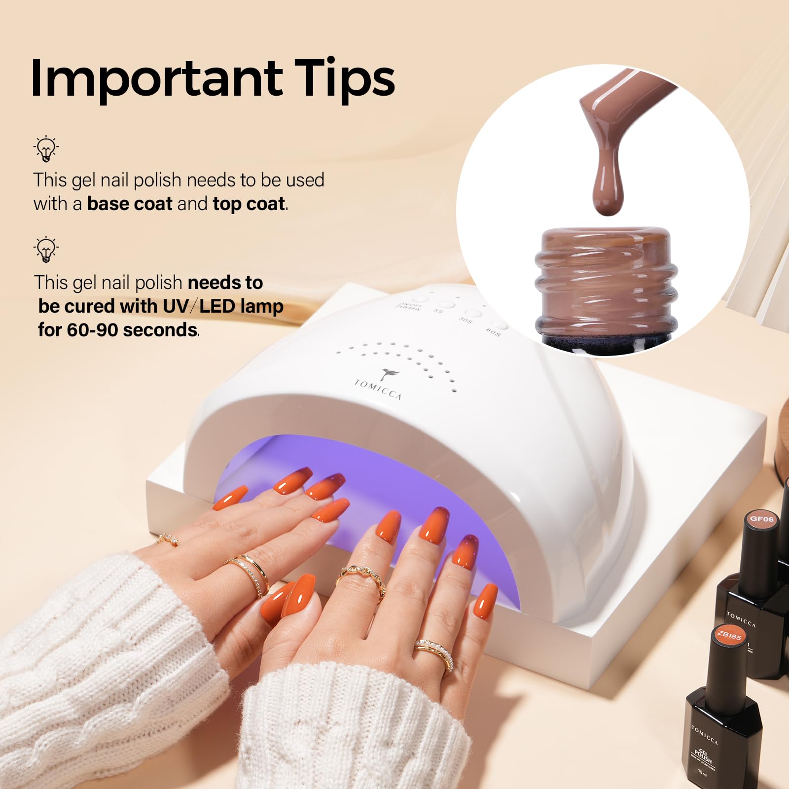 TOMICCA coffee brown gel polish under LED light for quick curing