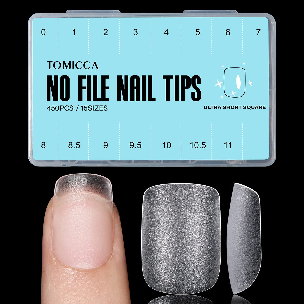 TOMICCA double-sided matte nail tips ready for quick, buff-free nail art.