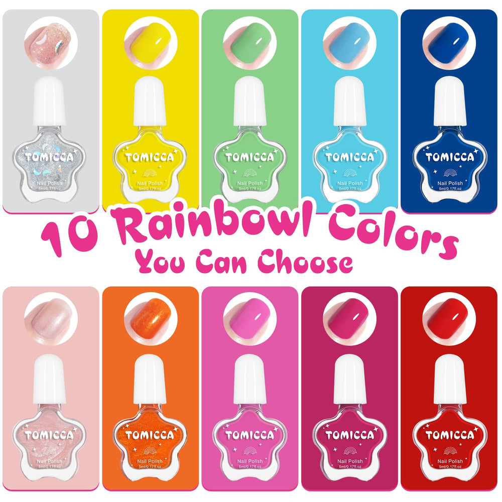 TOMICCA Kids Nail Polish 10-color palette view for creative nail art