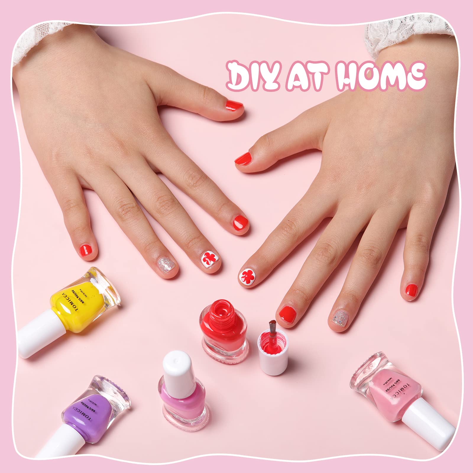 TOMICCA quick-dry nail art close-up shows fast-drying, kid-friendly finish