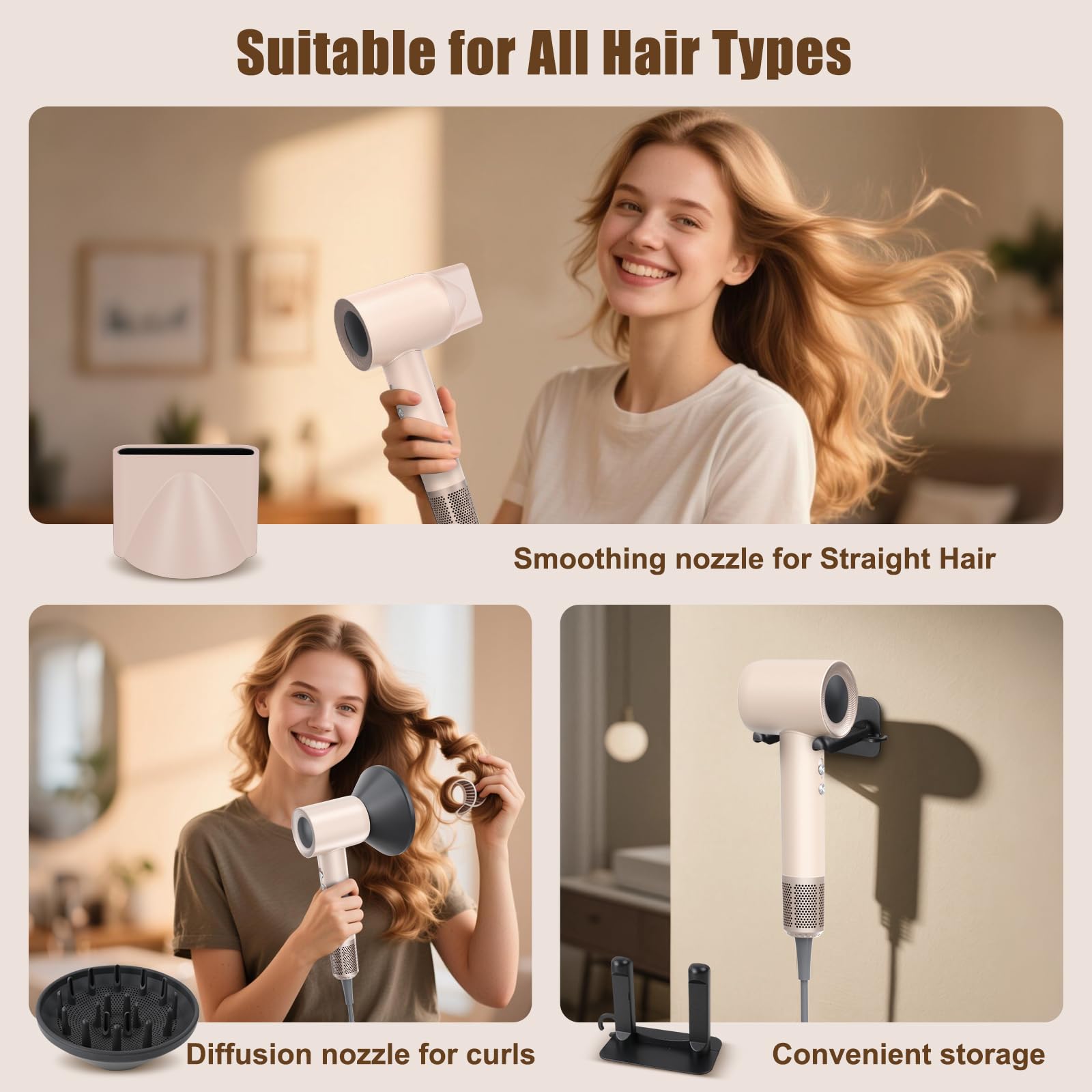 Tomler hair dryer includes diffuser and concentrator for curls and precise styling.